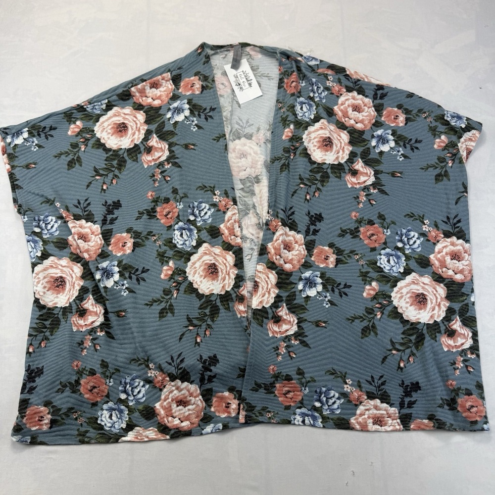 HoneyMe Curvy NWT Women's XXL Blue Floral Open Front Kimono Cardigan Made USA